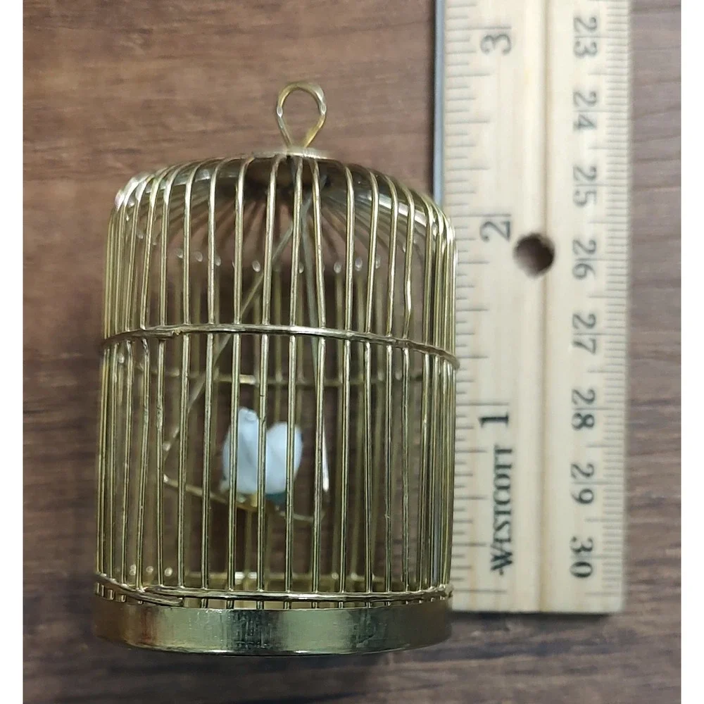 Vintage Brass Metal Doll house Bird Cage Bird Inside Miniature Diorama B14